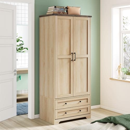 Yechen 71" Natural Wooden Storage Armoire with Adjustable Shelves & Hanging Rail