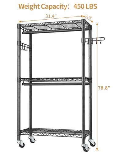 3-Tier Heavy Duty Wire Clothes Rack with Double Rods & Hooks, Freestanding Storage Wardrobe