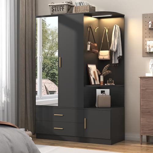 XVD Modern White Wardrobe Closet with Mirror & Sensor Light, 5 Doors & 2 Drawers