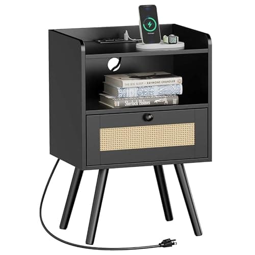 SUPERJARE Nightstands Set of 2 with Charging Station & PE Rattan Drawer, Solid Wood Feet - Natural