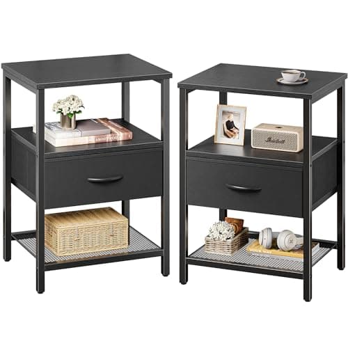 Huurger Nightstand Set of 2: Rustic Brown, Fabric Drawers & Mesh Shelf