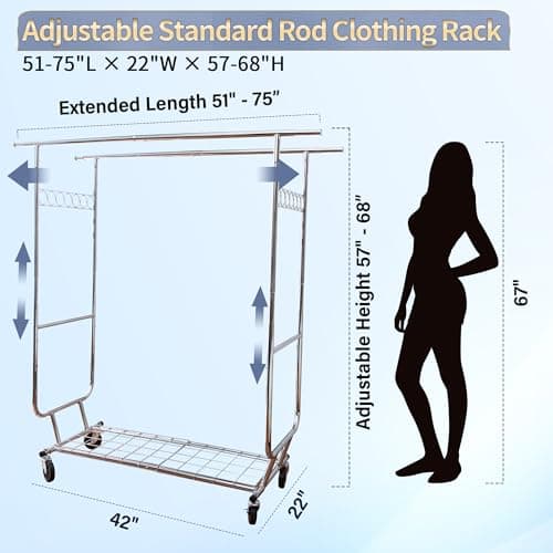 Heavy Duty Clothing Rack with Wheels, 600lbs Double Rod