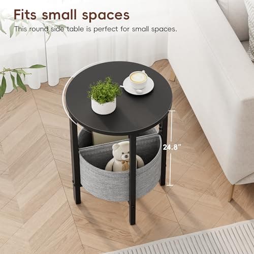 Vagusicc Small Round End Table with Fabric Basket, Set of 2
