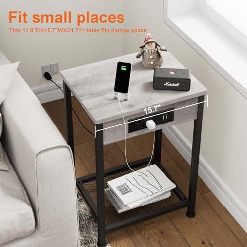 Fixwal End Table Set of 2 with Charging Station (Light Walnut Gray)