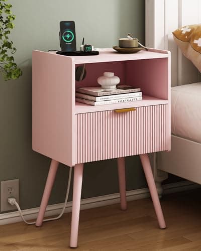Black Modern Nightstand with Outlet and Storage, Solid Wood Legs, Easy Assembly