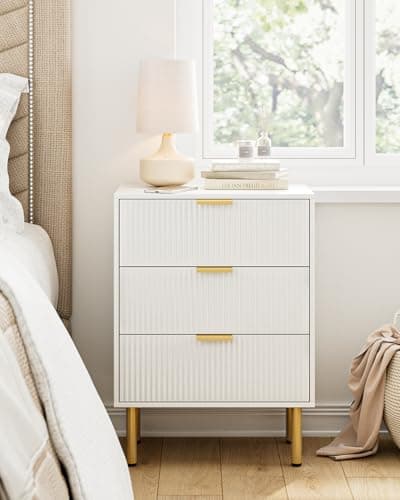Modern White Nightstand with 3 Drawers & Gold Frame