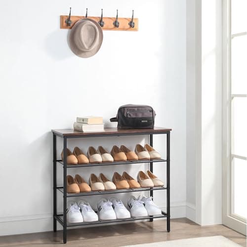 Rustic Brown 4-Tier Metal Mesh Shoe Rack Organizer