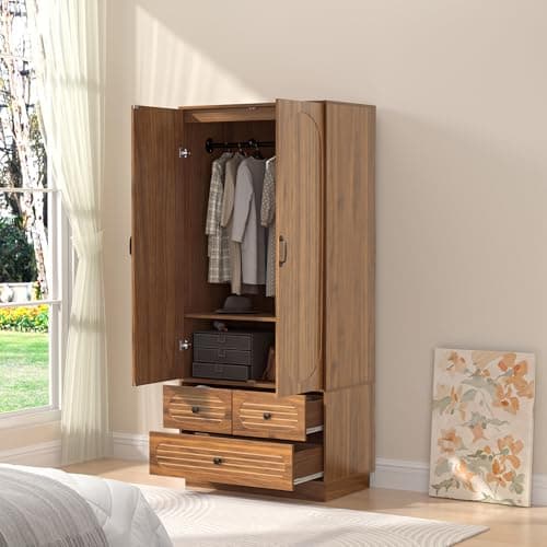 Mid-Century Modern Walnut Armoire Wardrobe with 3 Drawers and Hanging Rod