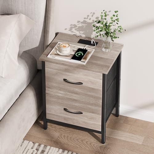 Vagusicc Greige Nightstand Set of 2 with Charging Station