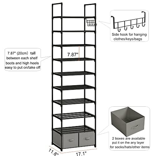 Narrow 10-Tier Shoe Rack, Sturdy Metal Stand, 20-25 Pair Storage for Closet