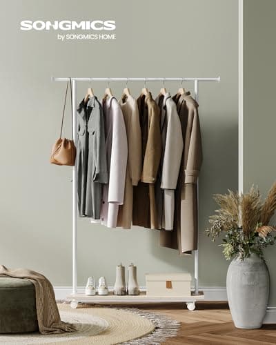 SONGMICS 38.8-Inch Metal Clothing Rack with Shelf, Up to 110 lbs, Natural Beige & Cloud White