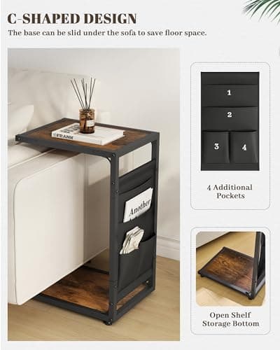 C Shaped End Table for Couch with Storage Shelf and Bag