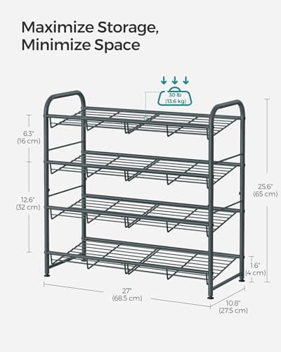 SONGMICS 4-Tier Shoe Organizer, Grey, Front Door & Closet Shoe Rack