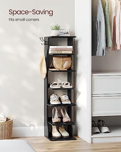 VASAGLE Narrow 7-Tier Shoe Rack with Hooks, Slim Corner Storage, Black ULBS200T16