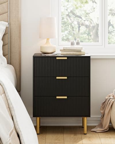 Modern White Nightstand with 3 Drawers & Gold Frame