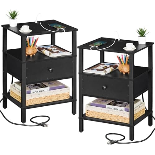 Lerliuo 3-Tier Nightstand with Charging Station - Natural Wood