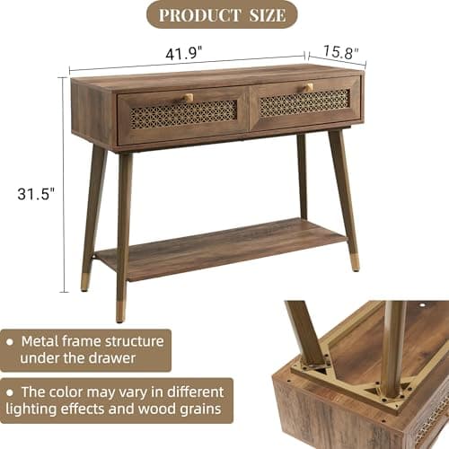 Rustic Oak Narrow Sofa Table with Drawers & Shelf, Modern Living Room Console