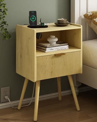 Black Modern Nightstand with Outlet and Storage, Solid Wood Legs, Easy Assembly