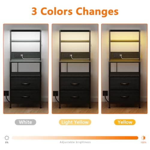 Furnulem Tall Nightstand with 4-Tier Shelves & 2 Drawers, Black Oak Charging Bedside Table