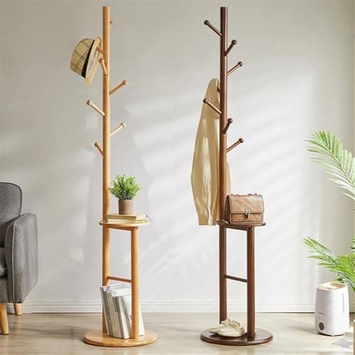 Natural Wooden Coat Tree with Organizer Tray and Shelf