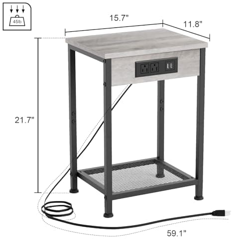 Fixwal End Table Set of 2 with Charging Station (Light Walnut Gray)