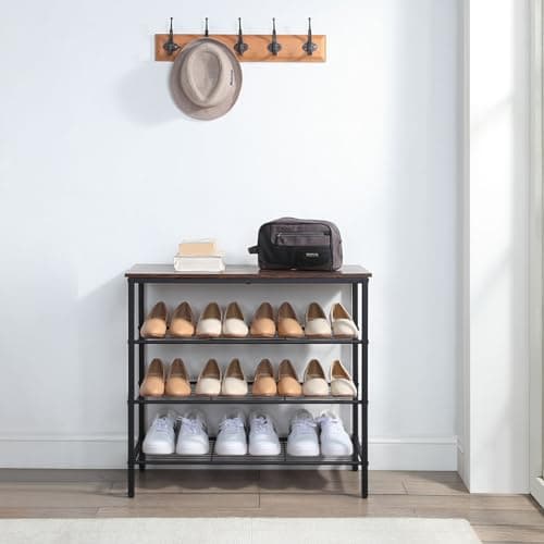 Rustic Brown 4-Tier Metal Mesh Shoe Rack Organizer