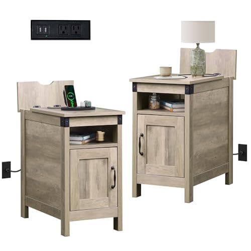WLIVE Greige Farmhouse End Table Set with Charging Station