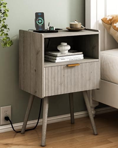 Black Modern Nightstand with Outlet and Storage, Solid Wood Legs, Easy Assembly