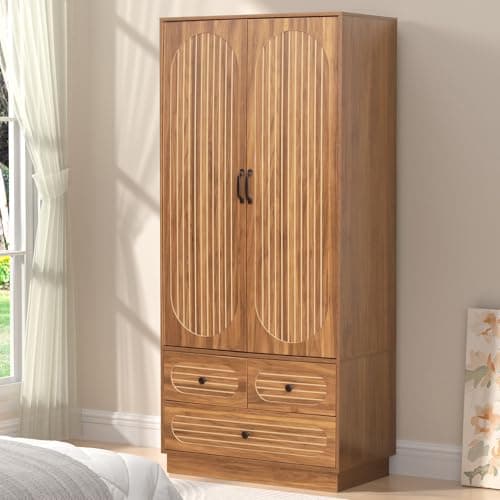Mid-Century Modern Walnut Armoire Wardrobe with 3 Drawers and Hanging Rod