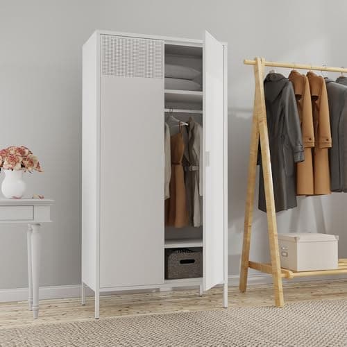White Metal Storage Wardrobe 71''H with Rod & Adjustable Shelves for Home Office School Gym