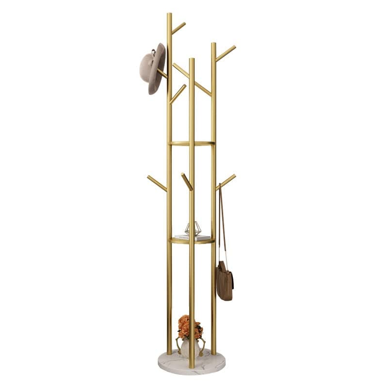Gold Coat Rack Stand with 3 Shelves & 9 Hooks, Marble Base & Tree Hanger