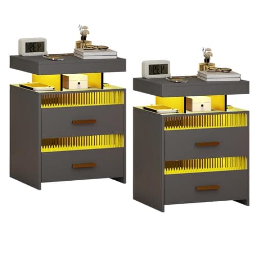 Modern Wood Nightstand with Charging and LED Lights, 2 Drawers, Black