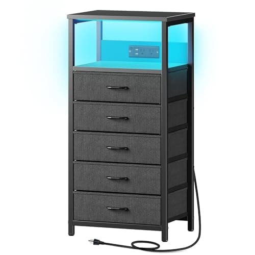 White Nightstand with 5 Fabric Drawers & Charging Station