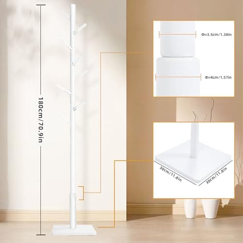 Sturdy Freestanding Coat Rack with 8 Hooks & 3 Sizes, White