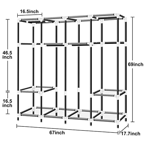 Loceme 67 Inch Portable Wardrobe Closet with 4 Hanging Rods, 25mm Steel Tube, Gray Cover