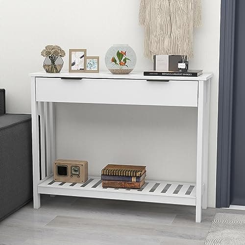 TaoHFE White Narrow Console Table with Storage for Living Room and Entrance