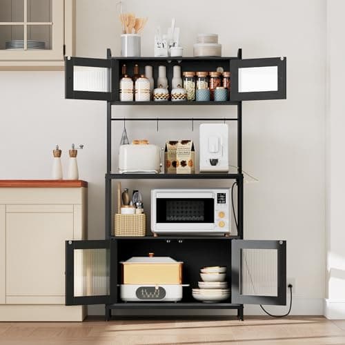 HOOBRO 5-Tier Bakers Rack with Storage Cabinet & Power Outlet, Black BB13UDHB01