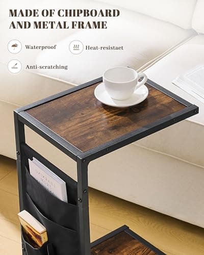 C Shaped End Table for Couch with Storage Shelf and Bag
