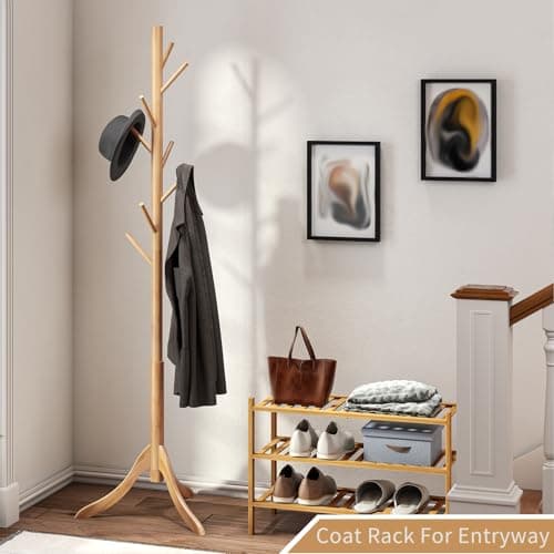 Bamboo Freestanding Coat Rack with 8 Hooks for Entryway (Natural)