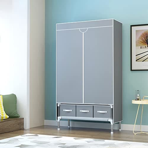Portable Rolling Closet with Hanging Rack & 3 Drawers - Gray