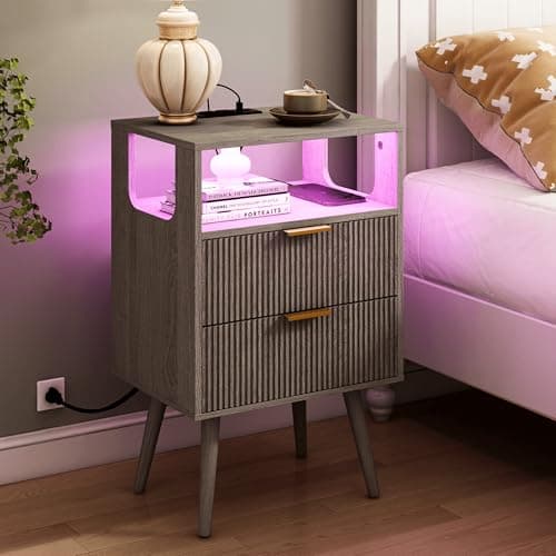 Modern Black Nightstand with Charging and LED Lights, 2 Drawers and Shelf