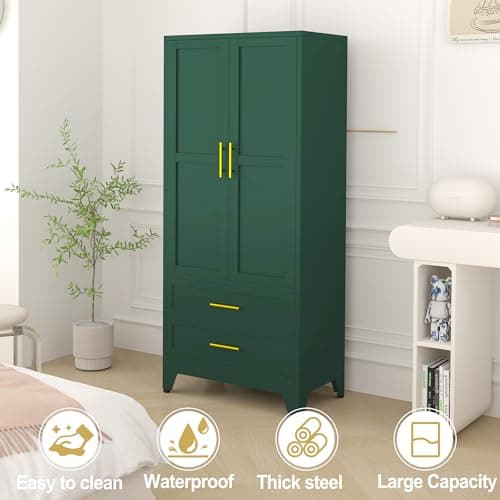 71" Green Metal Storage Cabinet with 2 Doors & Drawers, Hanging Rods for Home Office, Bedroom, Living Room