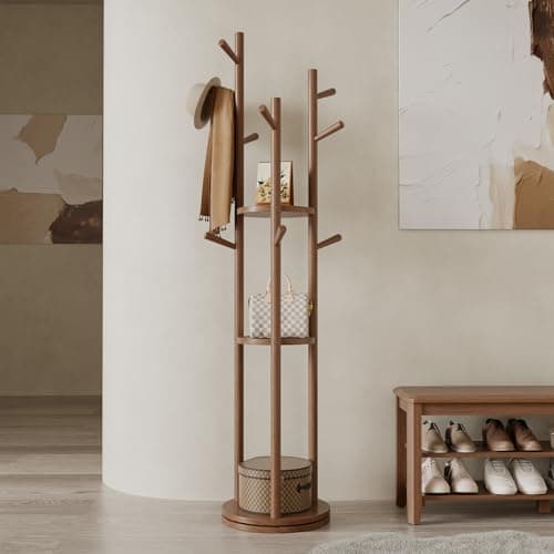 Walnut Solid Wood Coat Rack with 3 Shelves & 9 Hooks for Bedroom, Entryway & Livingroom