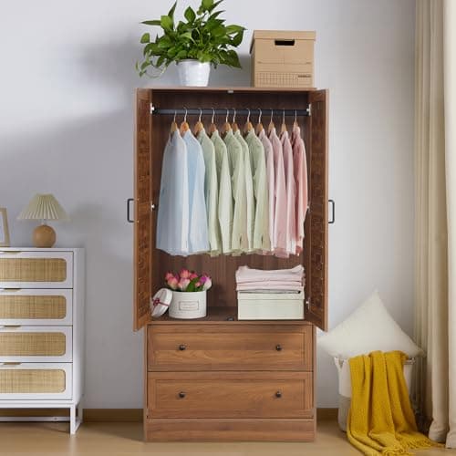 LEVNARY Walnut Freestanding Wardrobe with Woven Doors and Storage Drawers