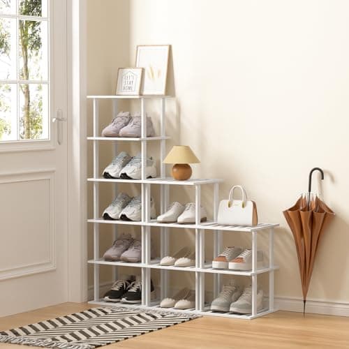 Slim White Bamboo 6-Tier Shoe Rack for Small Spaces Closet Storage