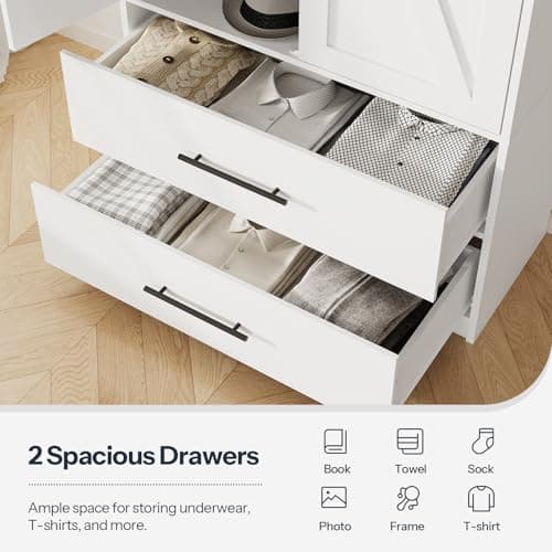 HOOBRO 70.9" Tall Wooden Farmhouse Wardrobe with 2 Drawers & Doors, White