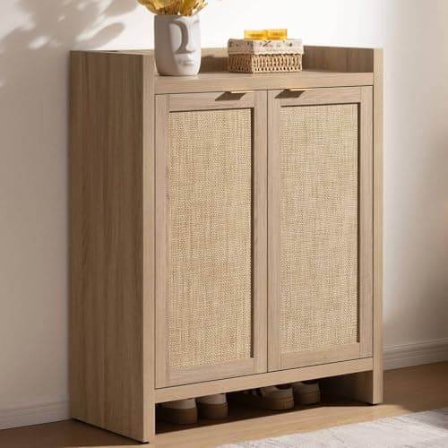 SICOTAS 6-Tier Rattan Shoe Cabinet, 41" Tall, 24 Pair Storage with Doors & Shelves, Light Oak Boho Entryway Closet Organ