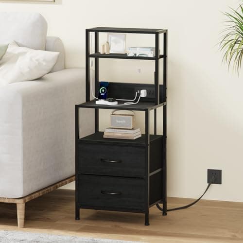 Furnulem Tall Nightstand with 4-Tier Shelves & 2 Drawers, Black Oak Charging Bedside Table