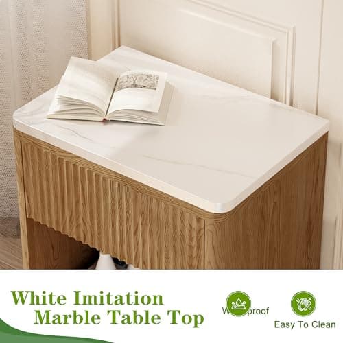 Yusong Natural Oak Fluted Nightstand with Drawer, Large Bedside Table