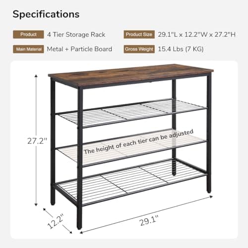 Rustic Brown 4-Tier Metal Mesh Shoe Rack Organizer